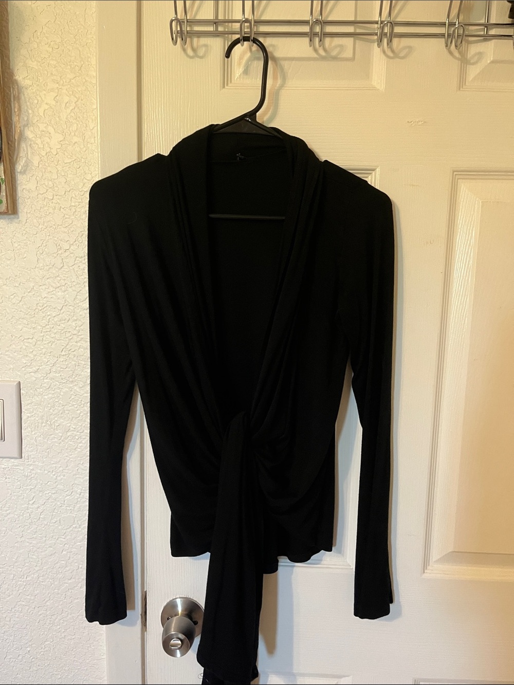 Black Long-Sleeve Tie-Front Blouse for Women